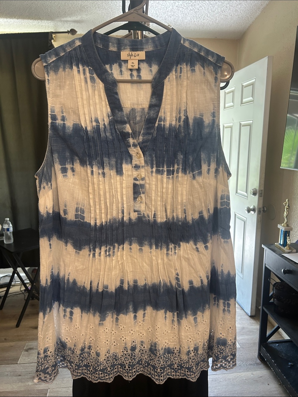 Style & Co. White and Navy Tie-Dye Sleeveless Henley Tank - Picture 1 of 5
